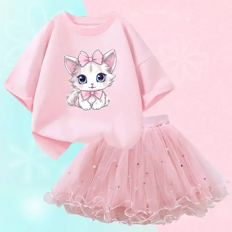 Śliczne letnie stroje dla dziewczynek kot kreskówkowy T-shirt i spódnica Tutu 2 sztuk/zestaw dziewczyna ubrania księżniczki garnitur odzież urodzinowa dla dzieci — zdjęcie 2