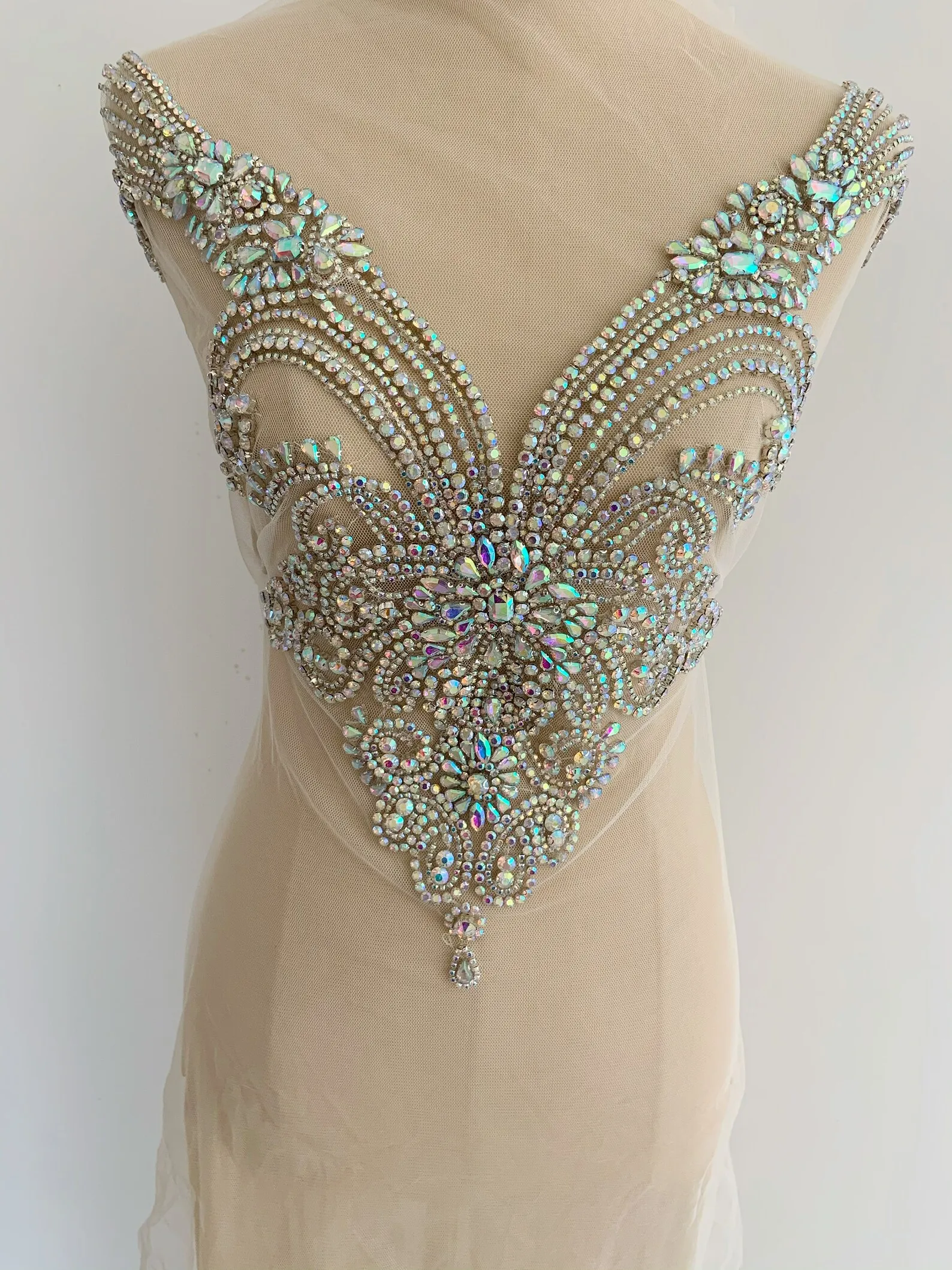 Iridescent Rhinestone Applique with Sweetheart Neckline For Corset Costume Haute Couture