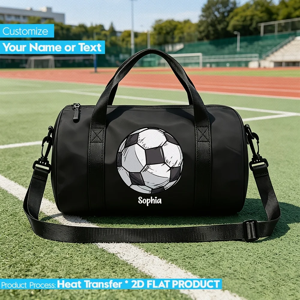 Custom Name Nylon Shoulder Bag, Gym Dance Sports Bag - Personalized Soccer Ball Graphic with Heat Transfer Text