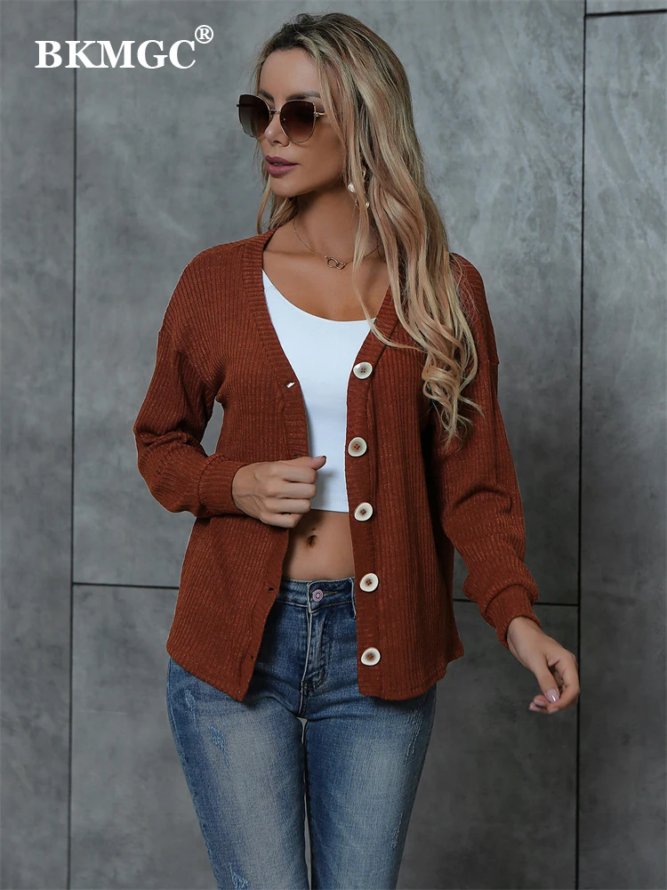 

BKMGC Brown Women's Cardigan Sweaters 2022 Spring Autumn V-Neck Single Breasted Buttons Up Long Sleeve Top 6800