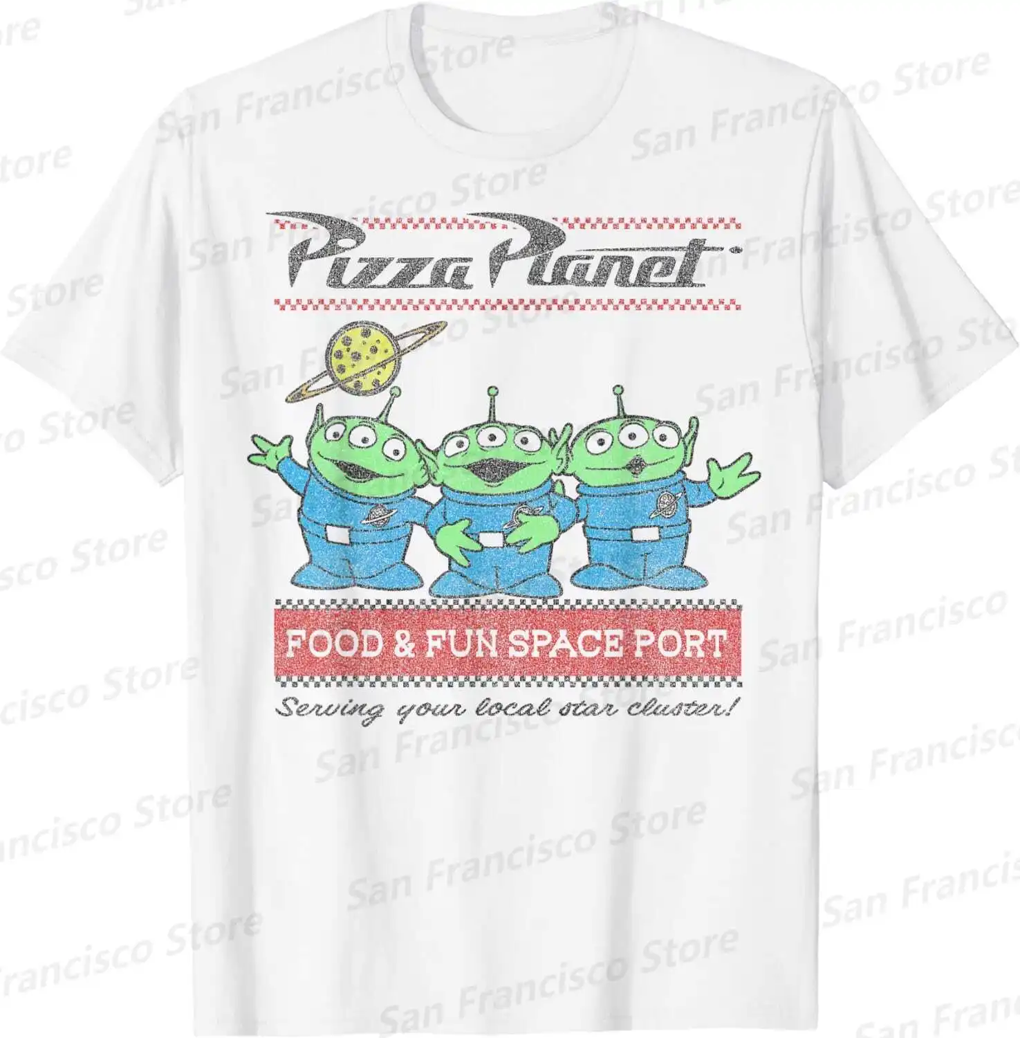 Letnie nowe chłopięce i dziewczyny Disney Pixar Toy Story Pizza planeta obcy kreskówka wzór t-shirt dla dzieci/dorosłych na co dzień z okrągłym