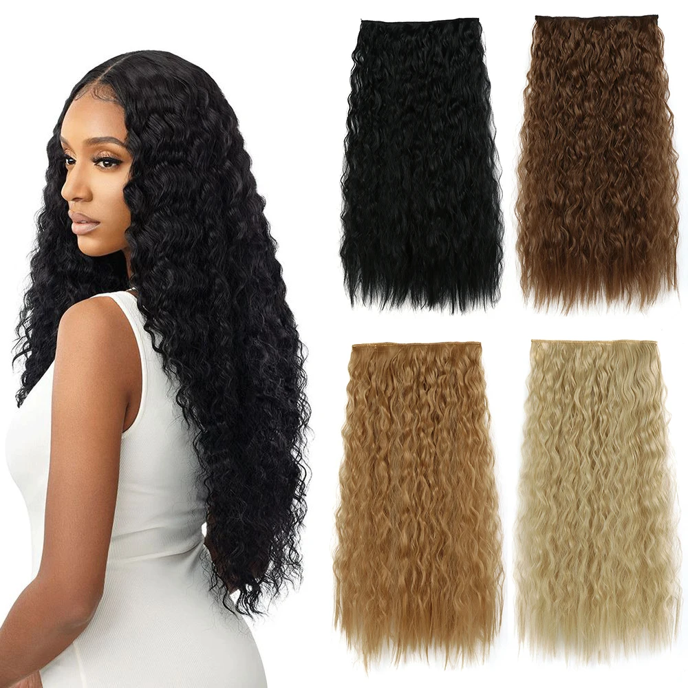 Synthetic 5 Clips Long Water Wave Clip In Hair Extensions Heat Resistant 22Inch One Piece Black Brown Hairpiece For Women