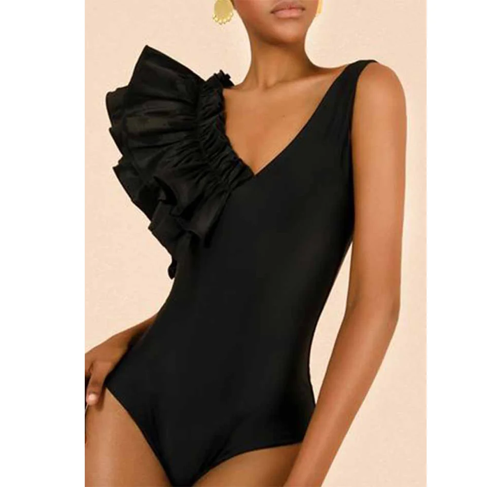 Solid Color Ruffle Deep V One Piece Swimsuit Asymmetrical Holiday Beachwear Black Designer Bathing Suit Summer Surf Wear