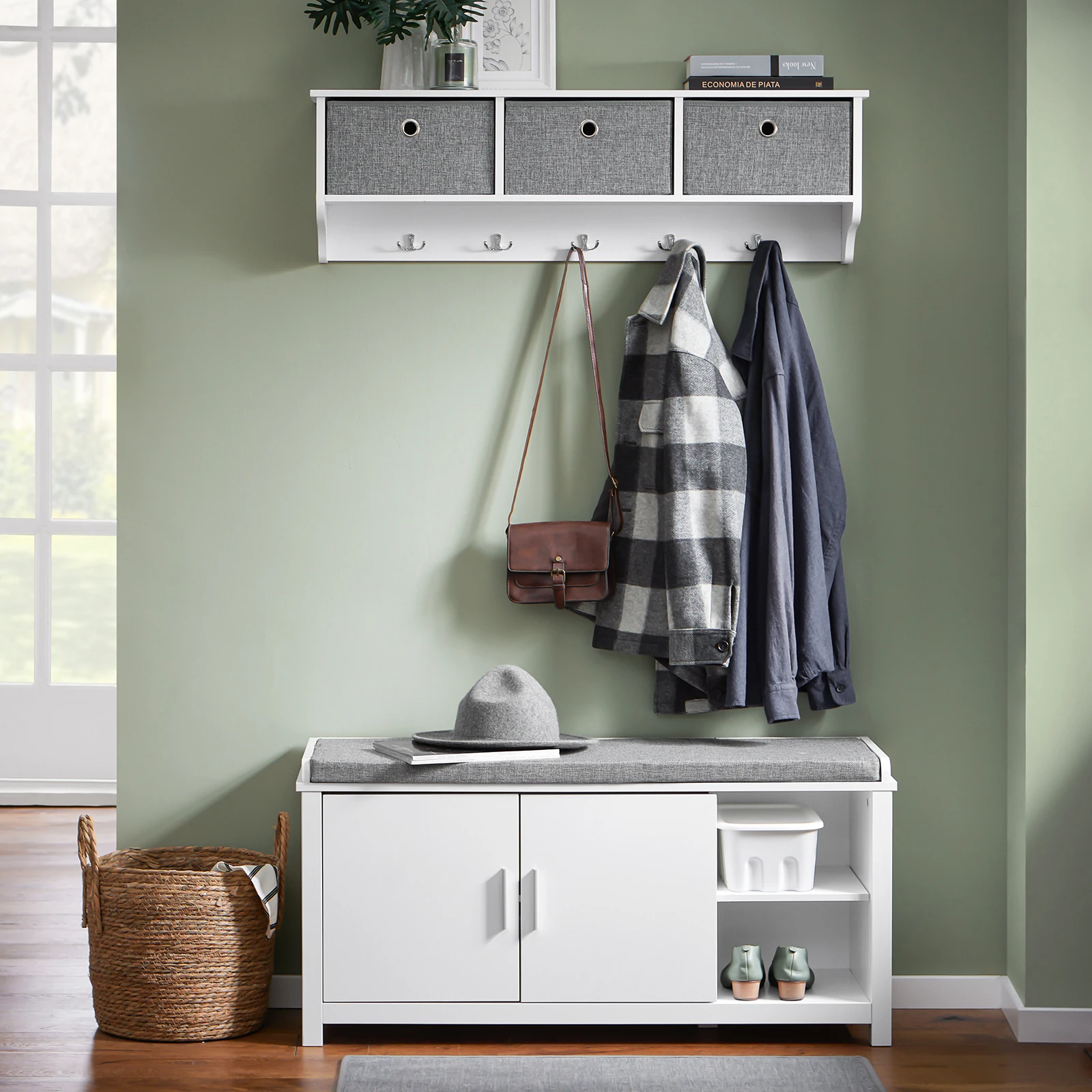 SoBuy FSR168-W Banco para zapatos con asiento Banco para zapatos con asiento de almacenamiento Cómoda Zapatero estrecho Blanco