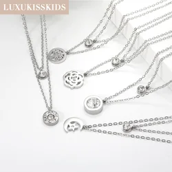 LUXUKISSKIDS Silver Color Trendy Double Pendant Necklace Stainless Steel Simple Clavicle Choker 2 Zirconia Stone Party Jewelry
