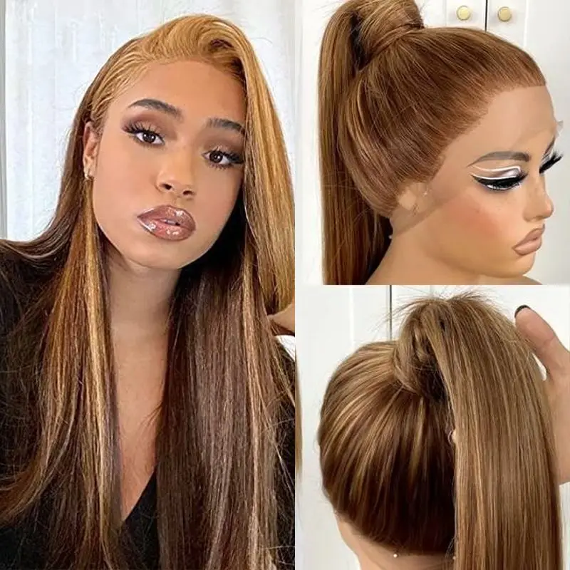 

30 Inch Straight 360 lace front wig human hair 4/27 Highlight Wig Human Hair Honey Blonde Colored Brazilian human hair For Women