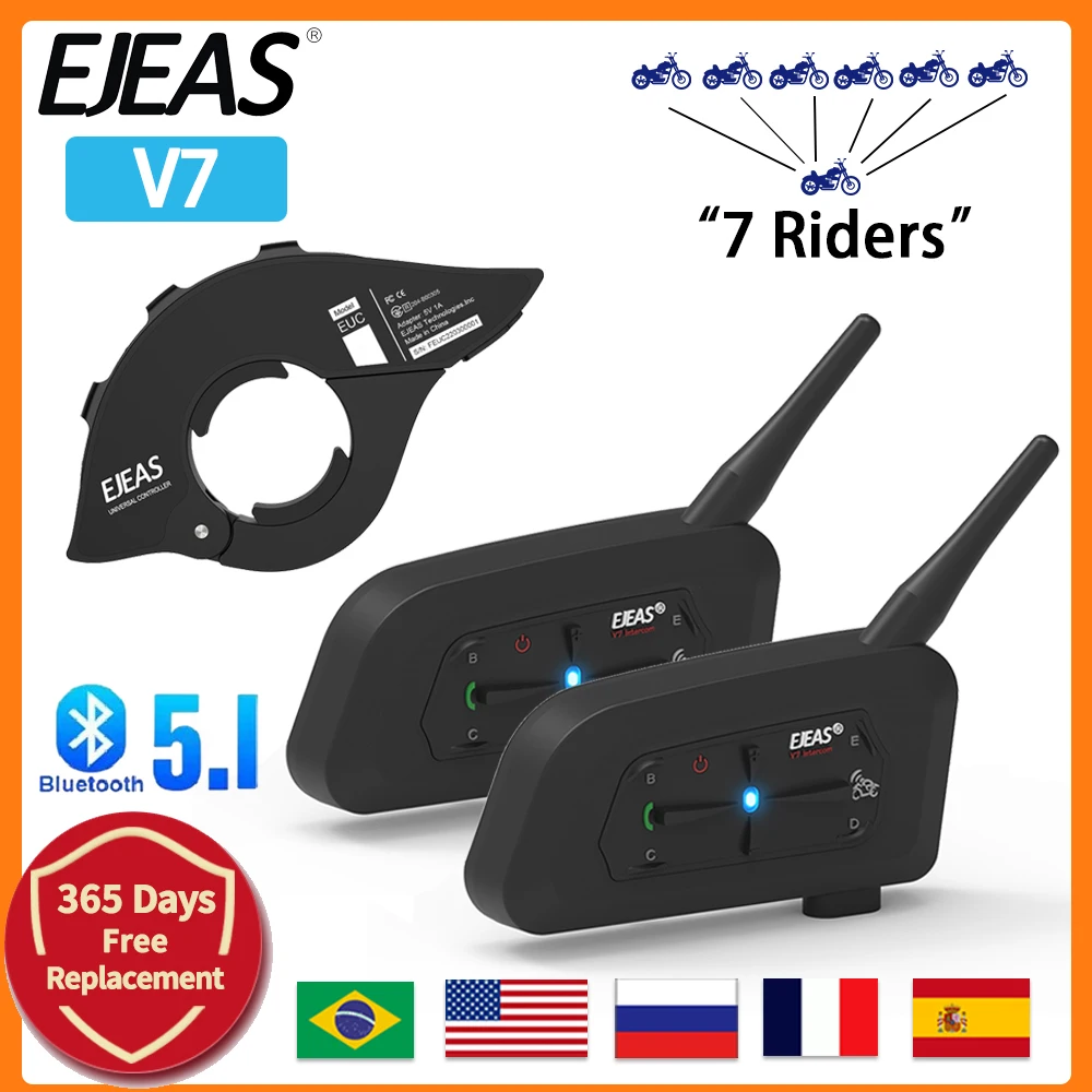 EJEAS V7 Motorcycle Helmet Headset Bluetooth Intercom Full Duplex Intercomunicador Intercom for 7 Riders with EUC Remote Control