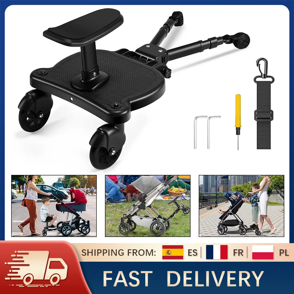 Planche à roulettes universelle pour poussette avec siège, planche à roulettes réglable avec dossier et rotation à 360° °   Roues pour enfants en bas âge de 2 à 6 ans