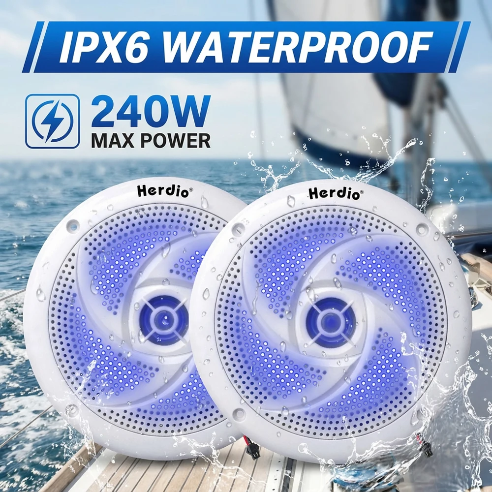 

Herdio 240W Marine Speakers Pair IPX6 Waterproof Speaker Boat Audio System Blue LED Lights Stereo for Yacht ATV UTV Outdoor