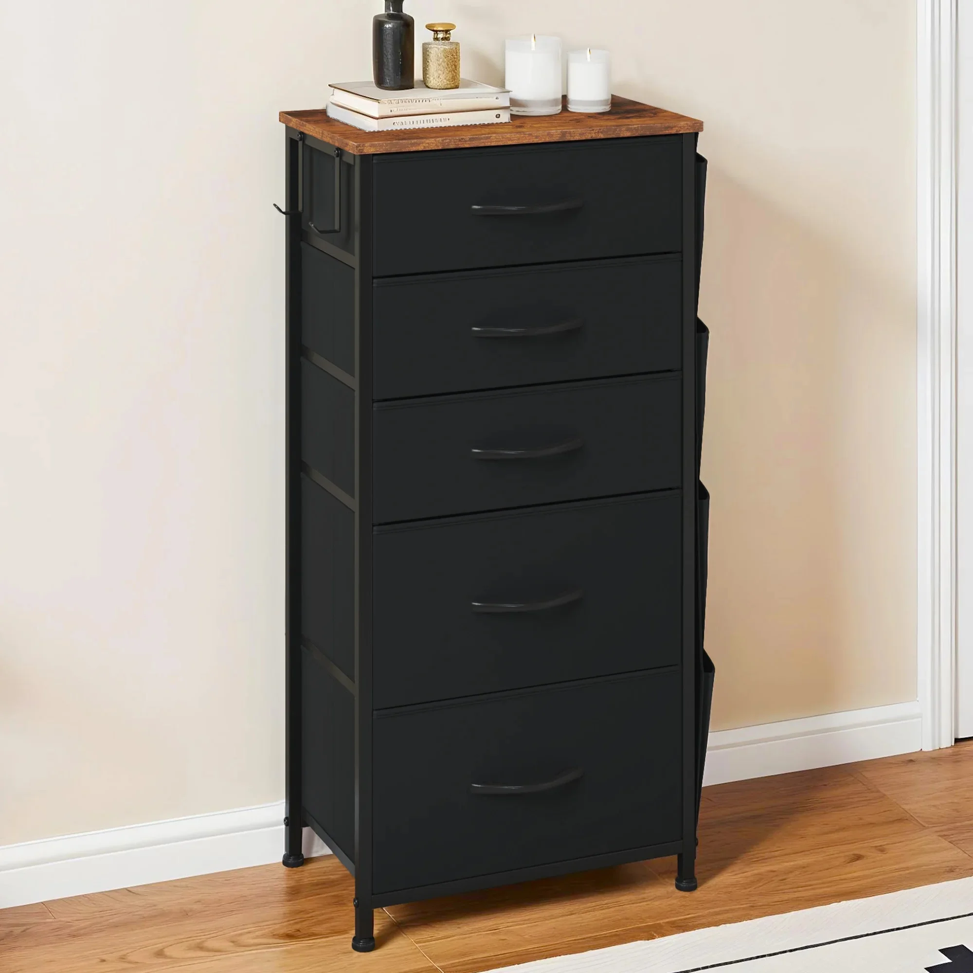 YITAHOME Dresser with 5 Fabric Drawers, Side Pockets & Hooks, Wood Top, Metal Frame, for Bedroom, Living Room, Nursery, Hallway