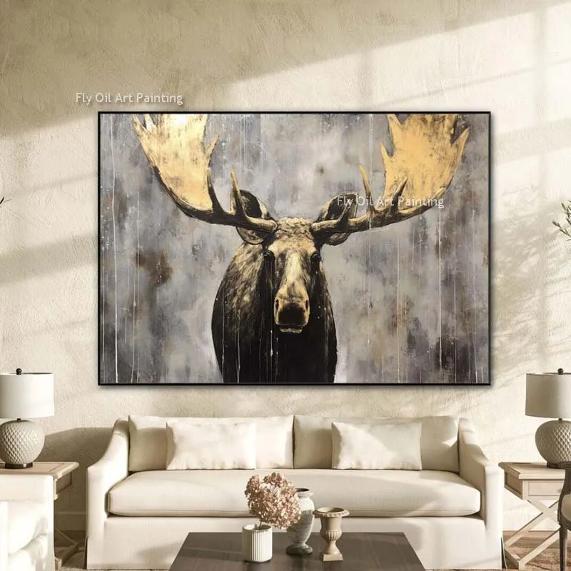 

Elk Golden Horn Hand Painted Textured Canvas Painting Animal Abstract Deer Oil Painting Wall Decor For Living Room Office