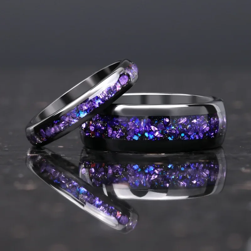 Mens Tungsten Carbide Ring Amethyst Inlay Black Wedding Band Engagement Promise Jewelry Gift 8MM Width Durable For Men DailyWear