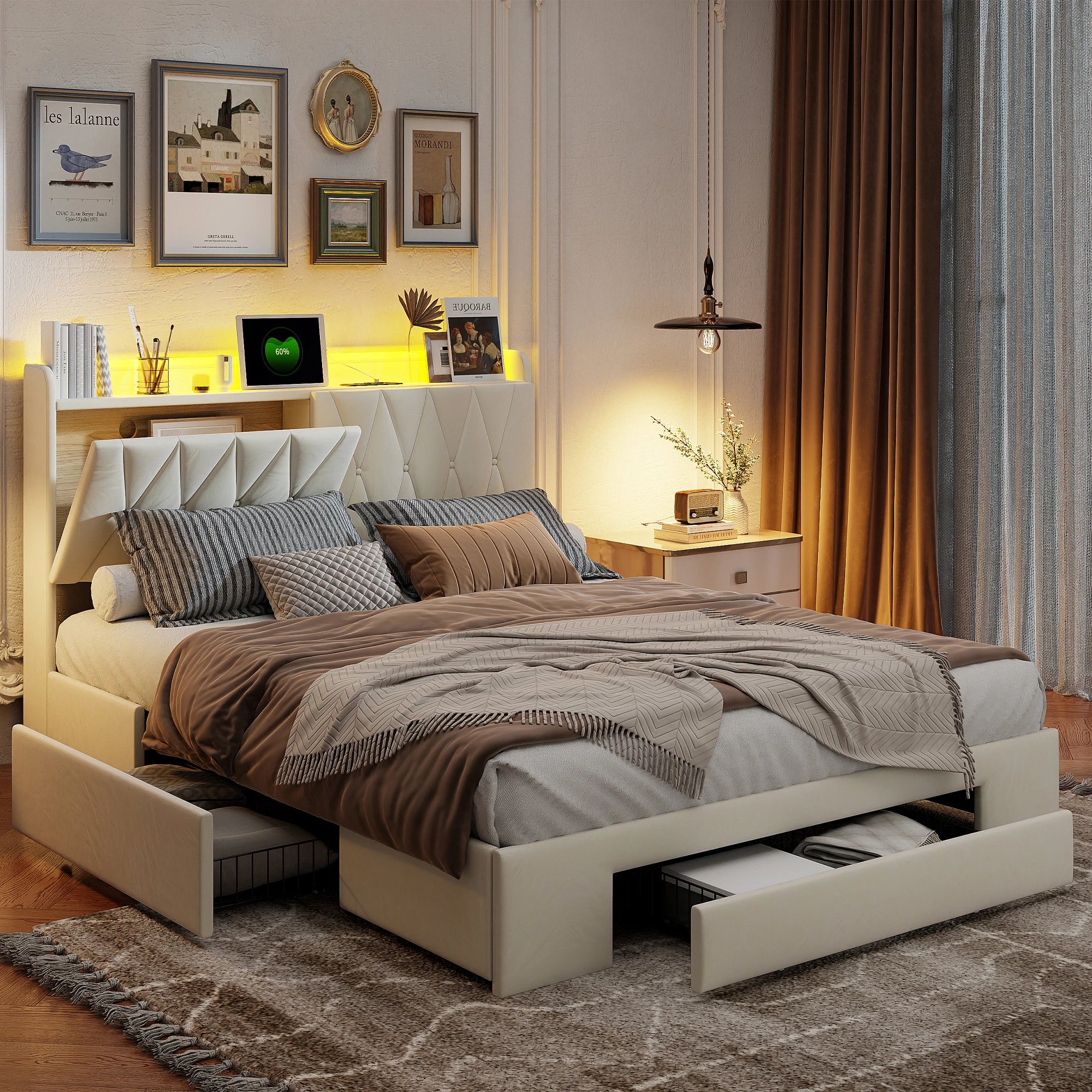 Letto 160x200cm, letto matrimoniale con 3 cassetti e spazio contenitivo sotto la testiera, letto contenitore in velluto beige con base a doghe, letto 