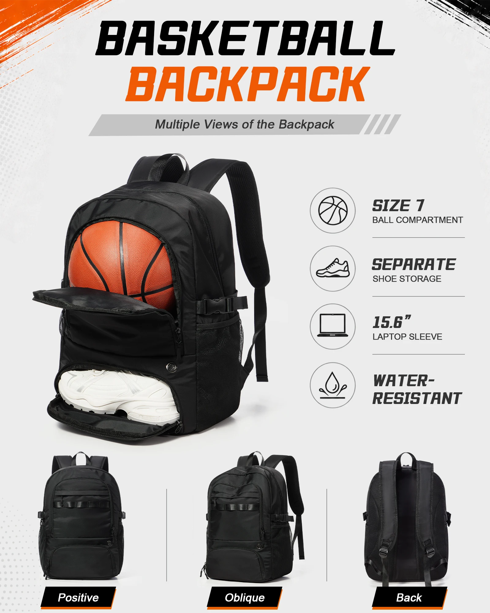 Großer Basketball-Rucksack, Fußballtasche mit Ballfach und Schuhfach, Sportrucksack mit Tasche für Wasserflaschen – Detail 2