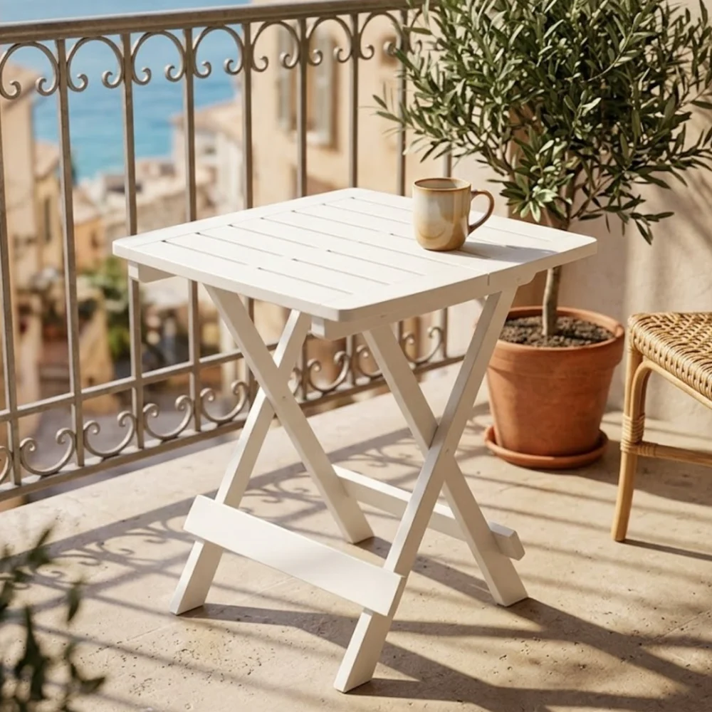 Mesa plegable blanca pequeña 45×43×50cm, mesa auxiliar portátil para balcón exterior, mesa lateral para dormitorio en casa