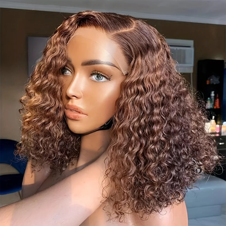 

Chocolate Brown #4 Deep Curly Short Bob Wigs Human Hair Colored 13×4 Lace Front Human Hair Wig 200% Density Deep Wave Bob Wigs