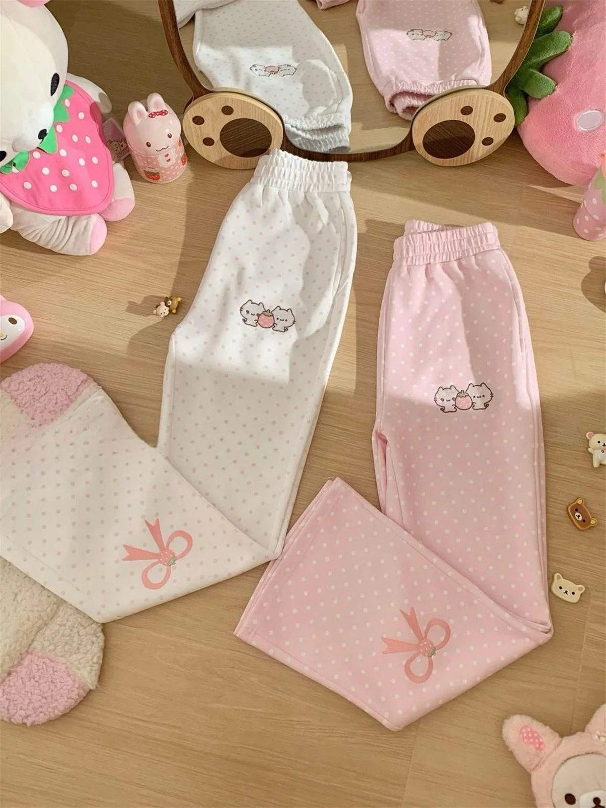 Herbst-Design Schlanke Elastische Taille Schlaghose Kawaii Süße Polka-Dot Dünne Bestickte Hose Damen Liebliche Hübsche Freizeithose – Detail 5