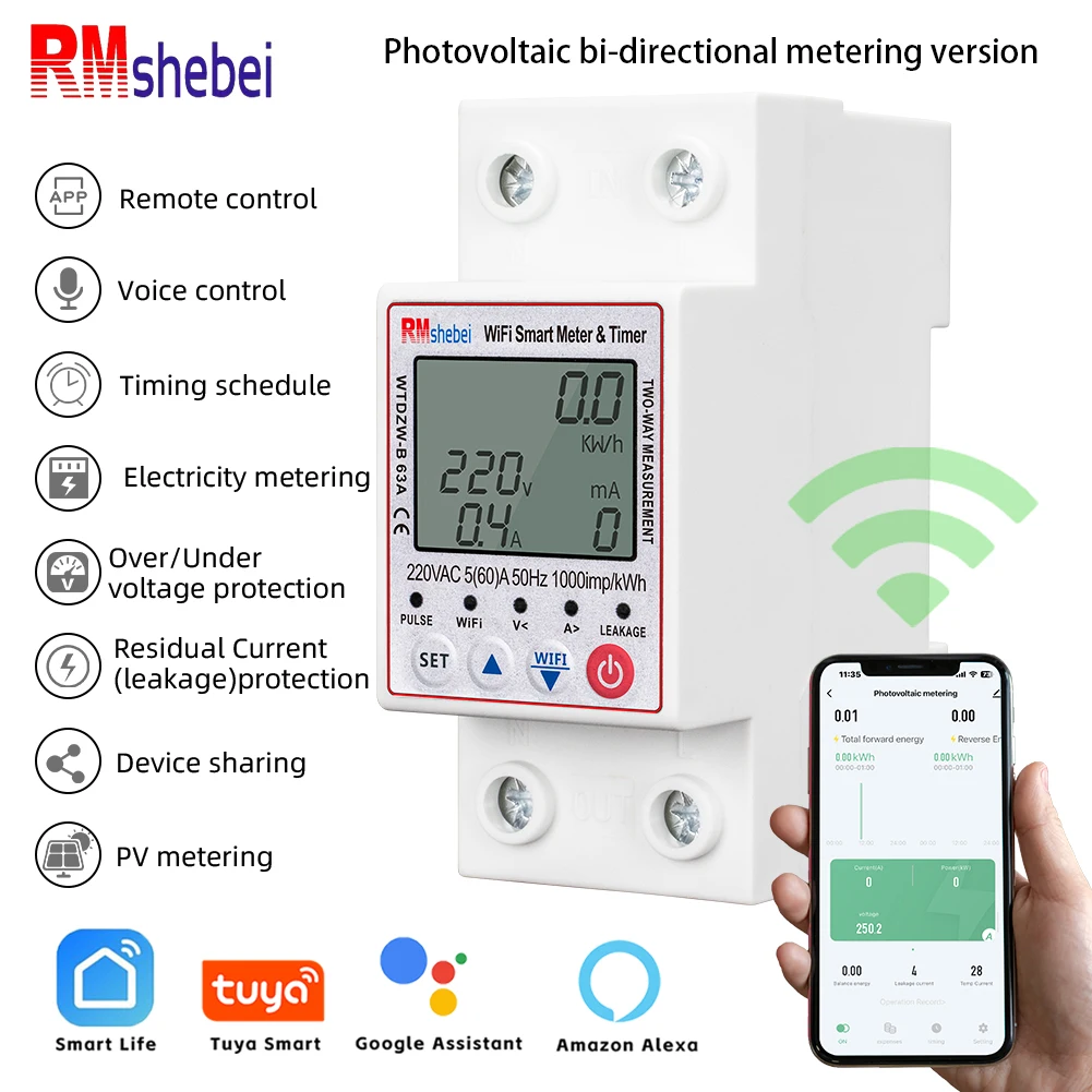 RMshebei Tuya PV Bidirectional 2P 63A TUYA APP WiFi Smart Circuit Earth Leakage Over Under Voltage Protector Energy Power kWh220