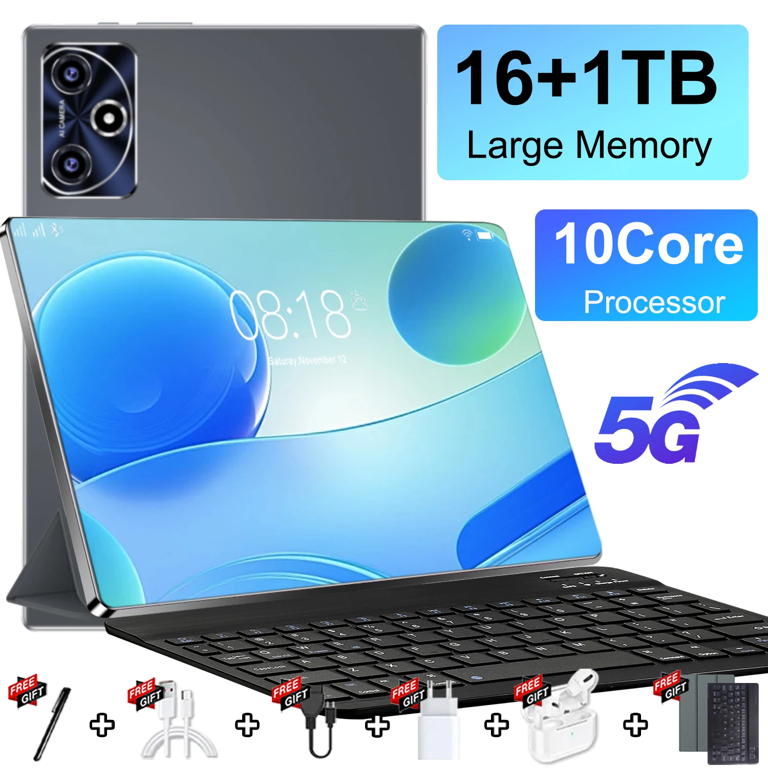 10.36 Inch HD 5G Tablet 2025 Android 13 16GB RAM 1TB ROM 12000mAh 10 Core Dual SIM WiFi GPS WPS Dual Camera With Keyboard