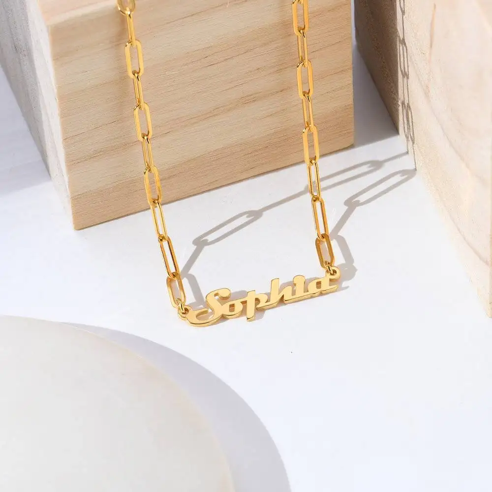 Link Chain Name Necklace Custom Thick Paper Clip Chain Necklace Personalized 18K Gold Plated Name Jewelry Christmas Gift for Mom