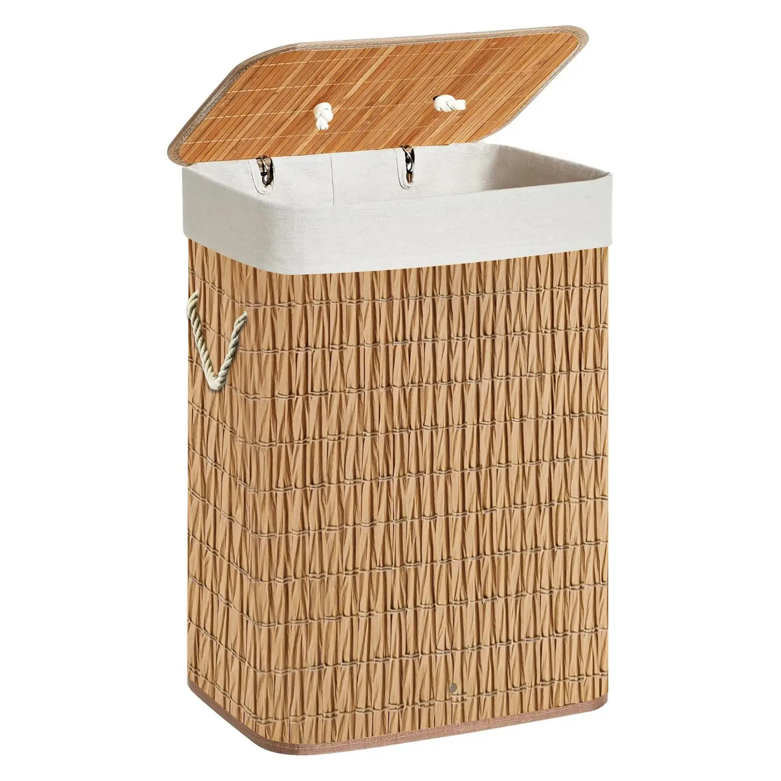 Wäschekorb mit Deckel, Wäschesammler aus Rattan mit Griff, abnehmbare und waschbare Innenhülle, verstärkte Bambusstreifen an der Innenwand