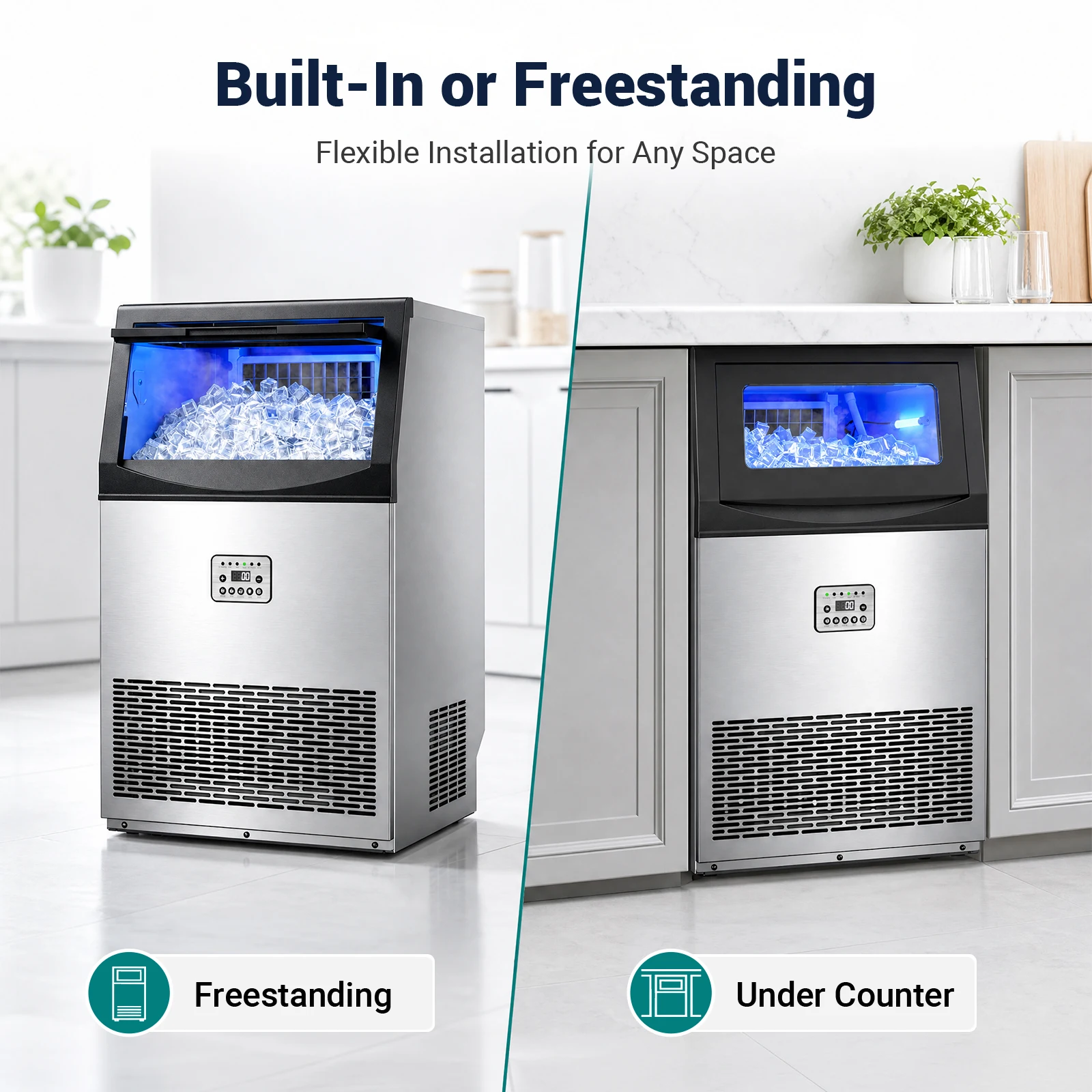 Commercial Ice Maker Machine 200Lbs/24H, 50Lbs Storage Bin, Freestanding & Under Counter Ice Maker | 55 Ice Cubes in 5-15 min | Thicknesses Adjustable | Commercial Ice Machine, Stainless Steel image 7