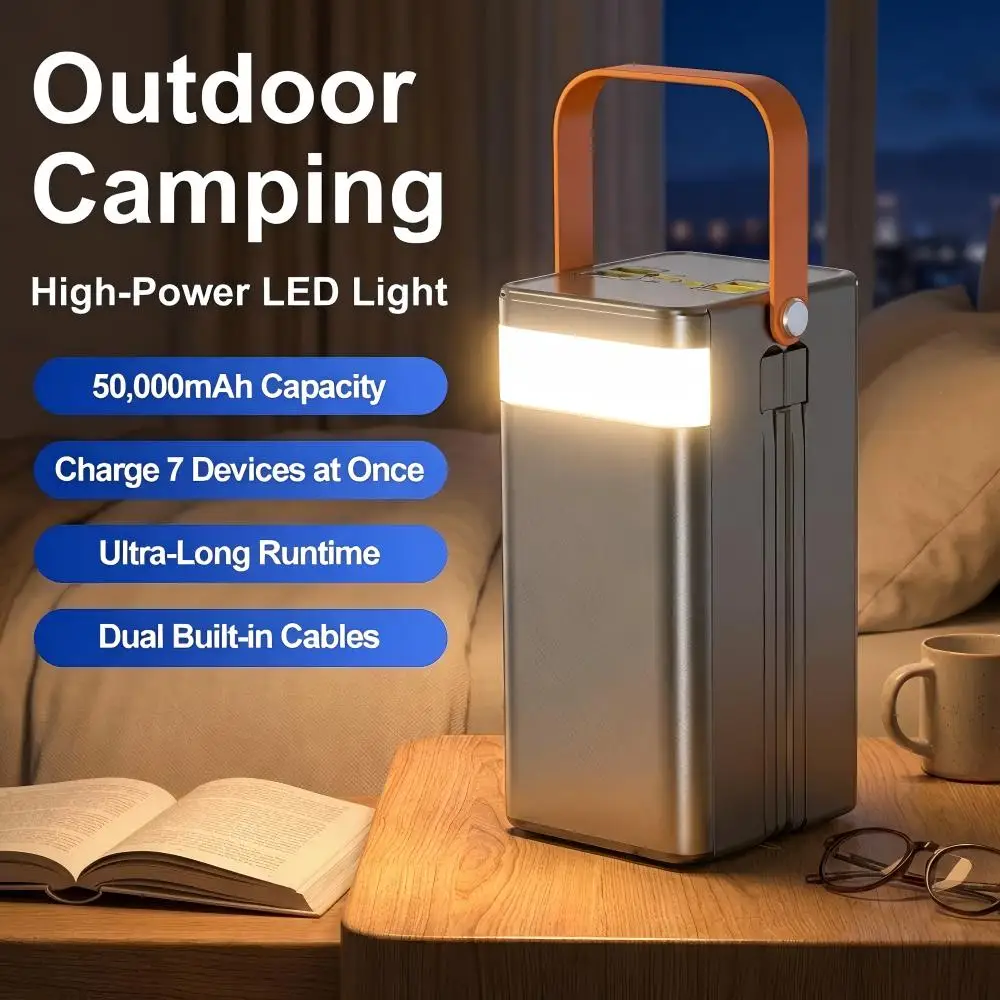 50000mAh Ultra-Großkapazitäts-Powerbank mit 45W Schnellladefunktion & integrierter LED-Taschenlampe, abnehmbarem Kabel, Dual-Ein-/Ausgang für Camping, Wandern und Notfälle