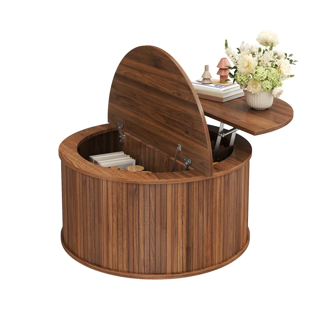 Table basse ronde, table de salon à hauteur réglable avec espace de rangement, table basse à plateau relevable avec plateau en MDF, table centrale moderne pour le salon.