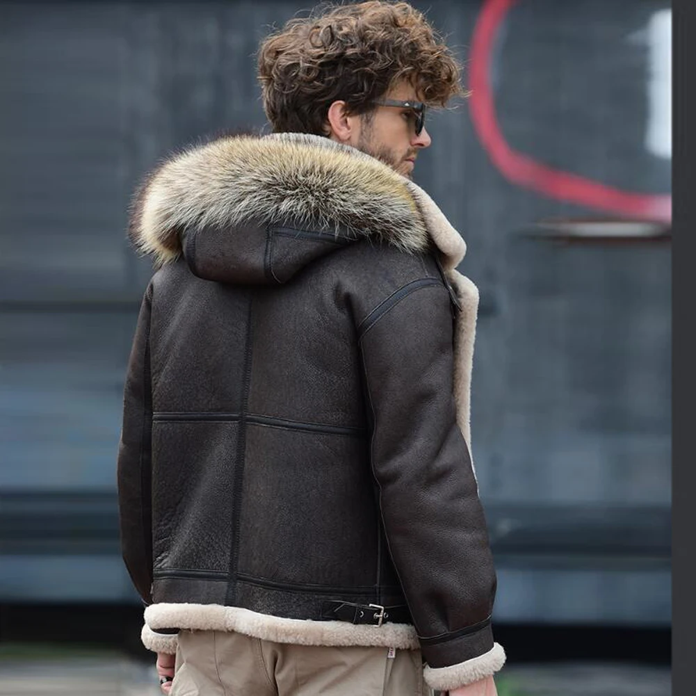 Jaket Shearling Pria Denny&Dora - Mantel Kulit Domba Berkerudung Coklat, Gaya Aviator Kulit Alami ​