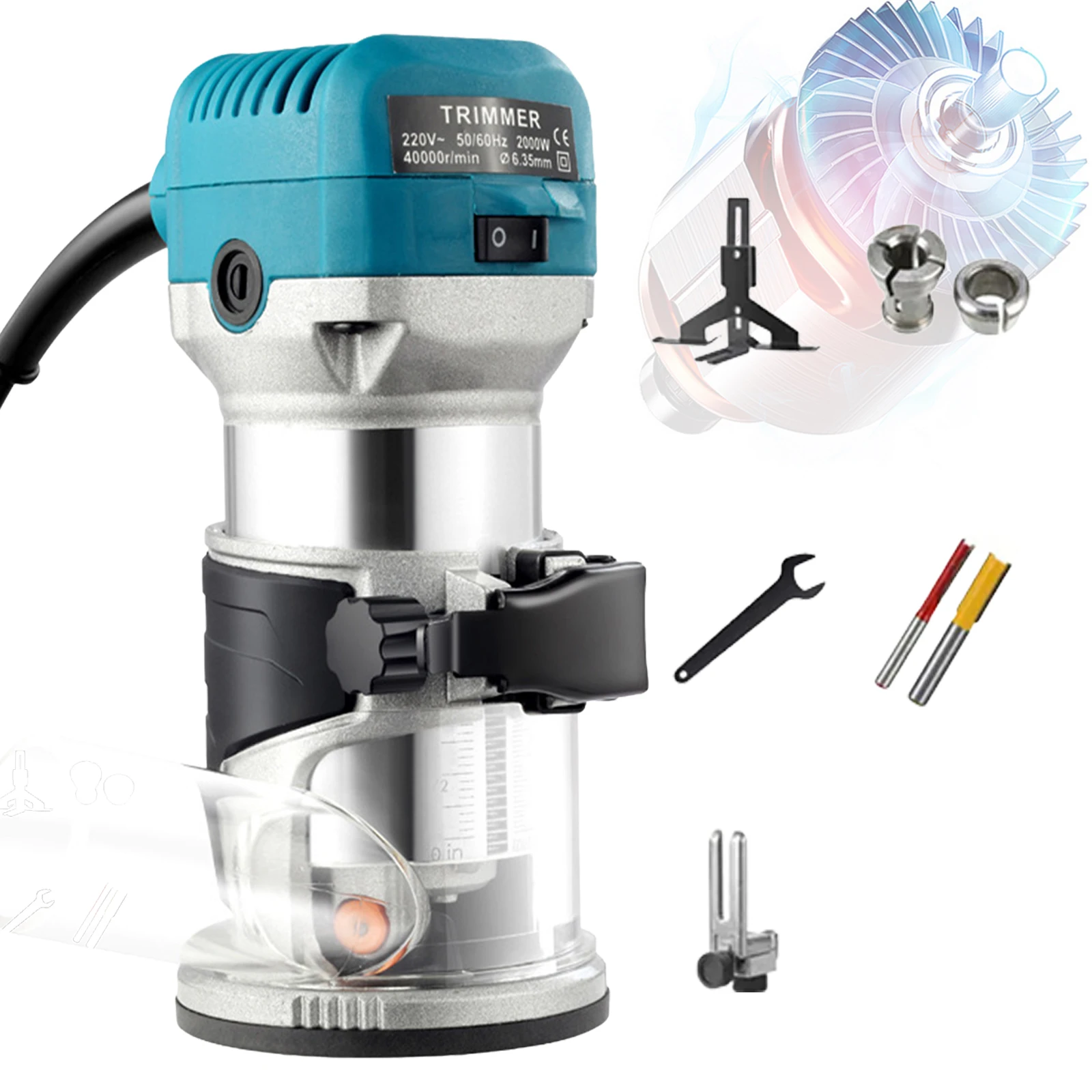 2000W Elektrischer Holzkantenfräser, Holzbearbeitungs-Fräsmaschine, 6-Gang-Handfräser, Holzkantenfräse, 40000 U/min, Heimwerker-Werkzeug