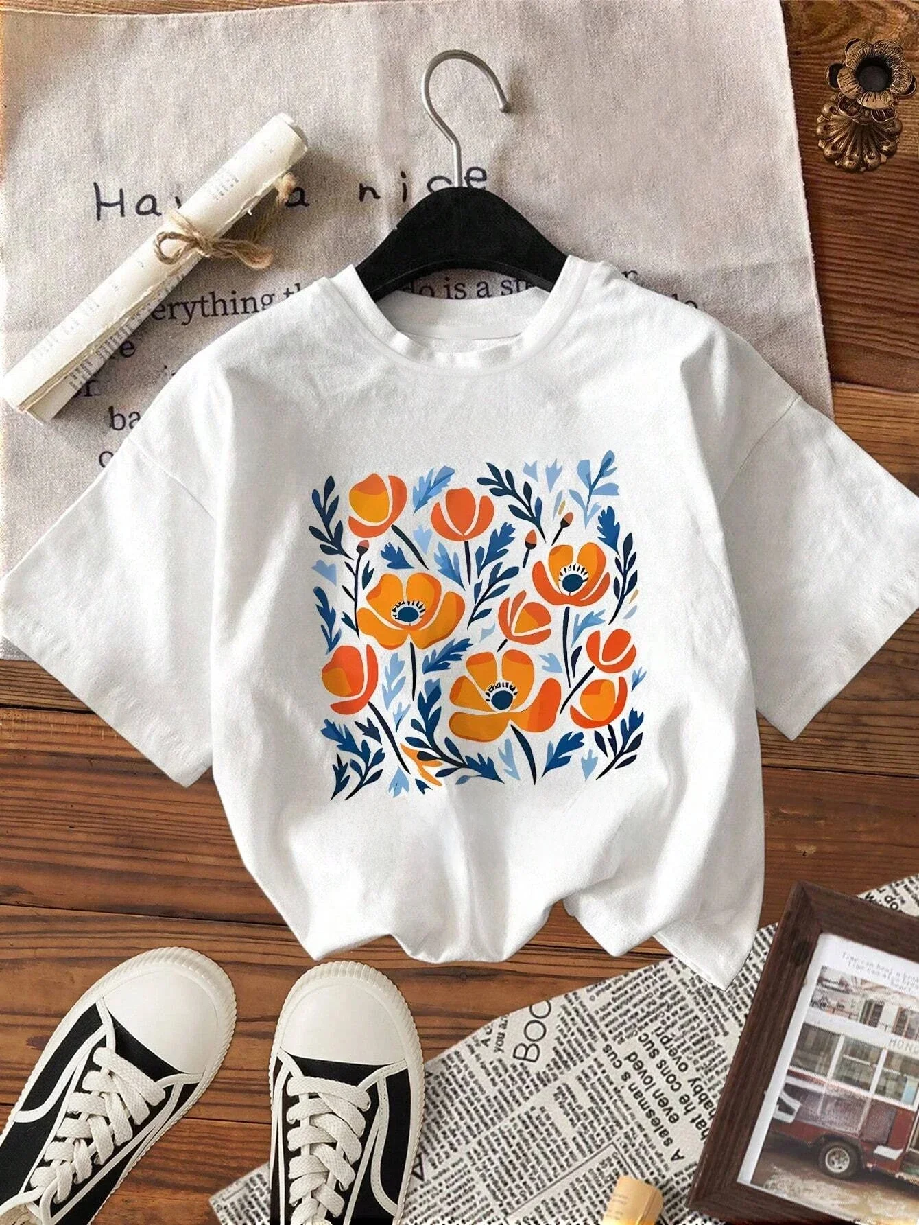 Fleurs jaunes marché californie imprimé T-Shirt femme coton doux T-Shirt haut col rond décontracté T-Shirt col rond sport à manches courtes