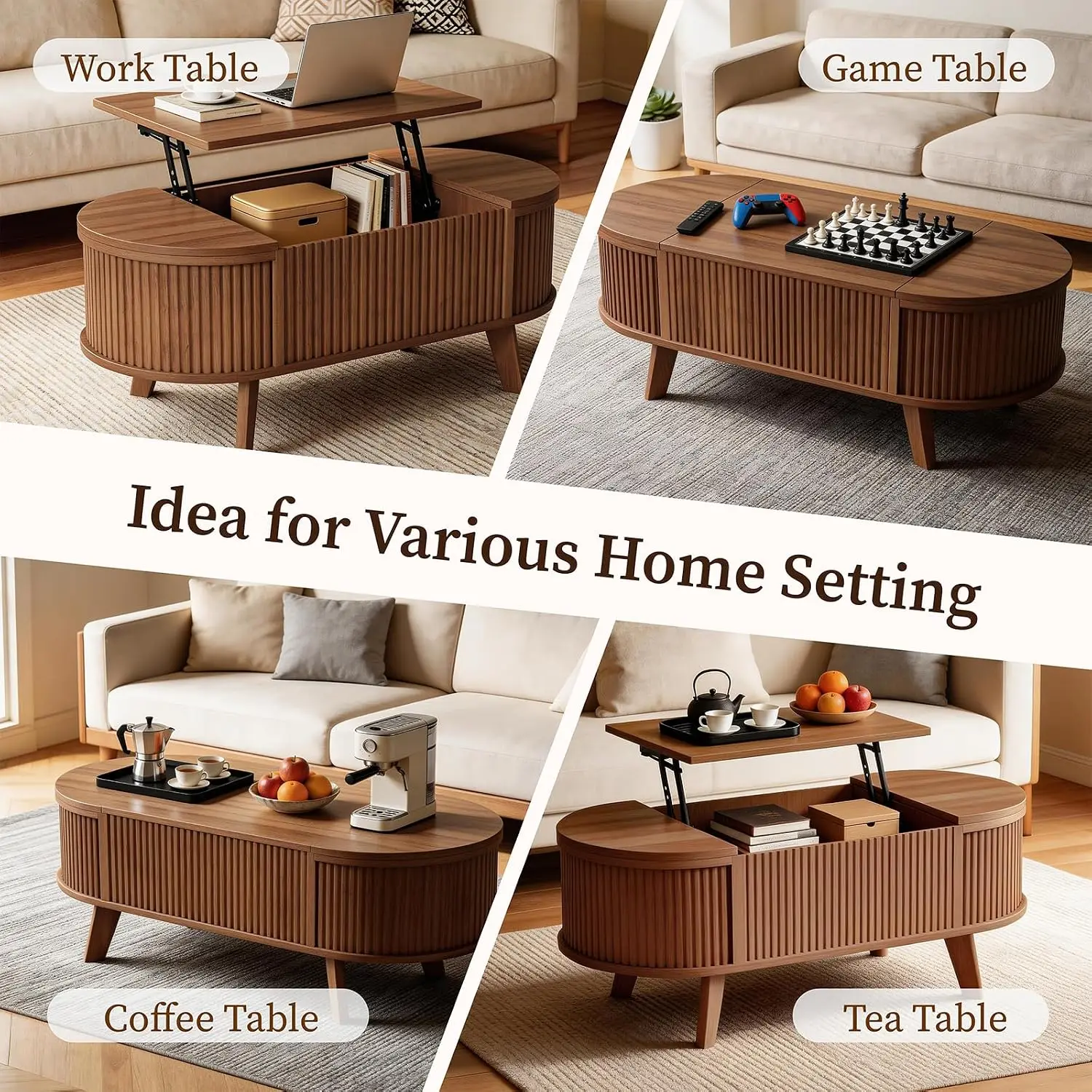 39.4" Oval Fluted Coffee Table with Lift Top, Hidden Storage, Walnut Mid Century Modern Farmhouse Small Center Table for Living Room, Home Office With 3 Compartments image 8