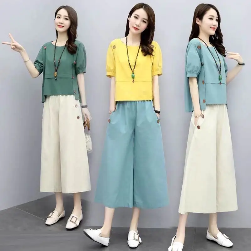 Cotton linen suit women's summer dress 2022 new Korean version loose and thin temperament foreign fashion linen two-piece set