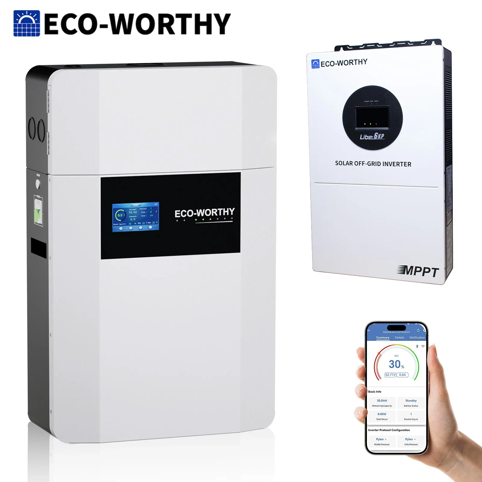 ECO-WORTHY 48V 100Ah Wall-Mount Indoor Lithium Battery+6KW 48v-120v/240v Off-grid Inverter