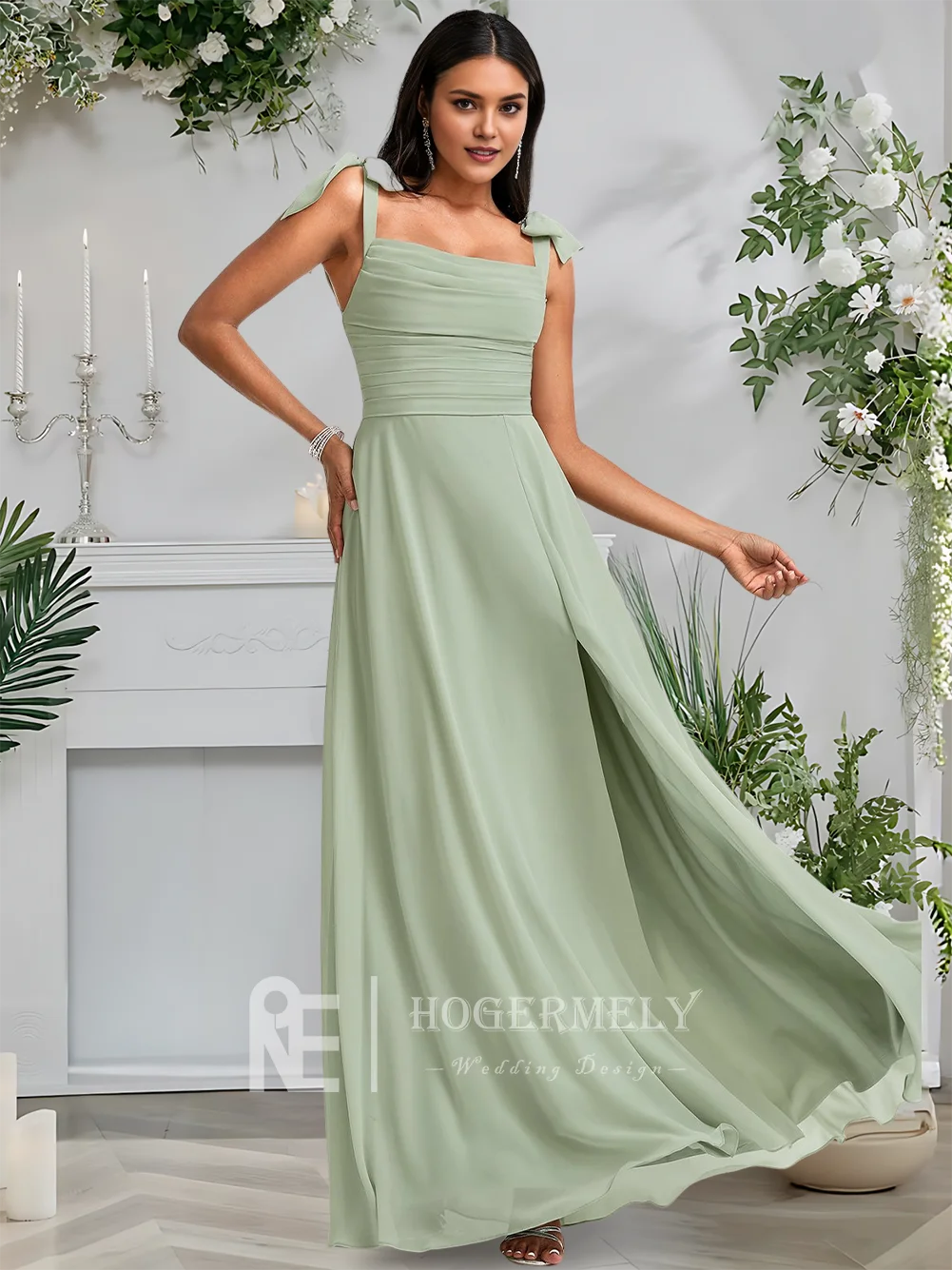C ​ ​ Luxo celadon a linha cowl até o chão chiffon vestidos de dama de honra com arco cintas de espaguete casamento convidado cocktail 2025 ​