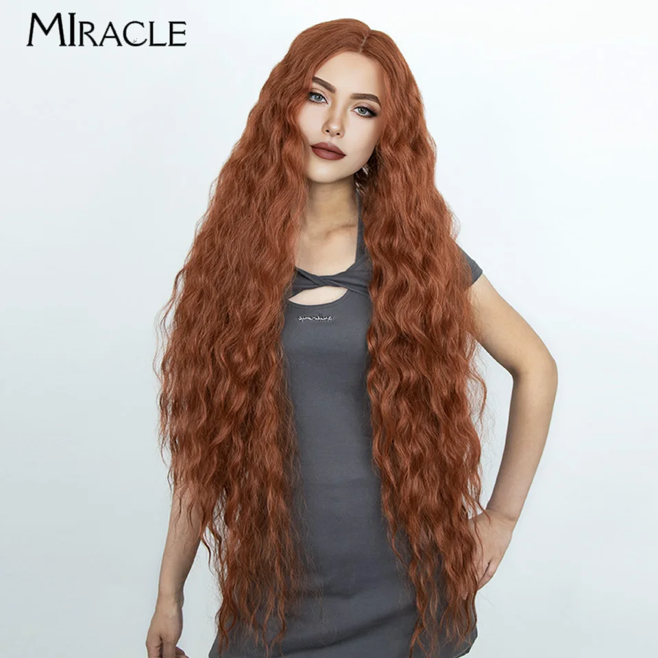 

MIRACLE Synthetic Lace Front Wig For Women 40 Inch Water Wave Lace Wig Cosplay Wigs Ombre Highlight Pink Blonde Wig Fiber Hair