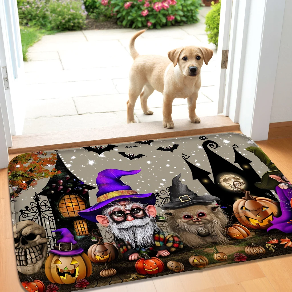 

1 piece of Halloween flannel doormat with pumpkin print, soft and absorbent. Hello, the letter pattern carpet is suitable for be