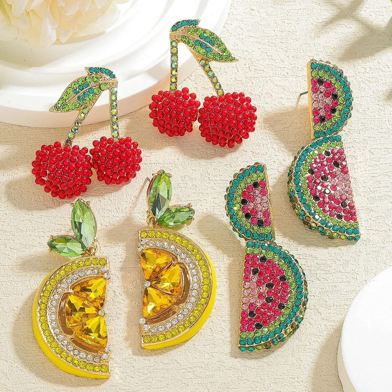 Boucles d'oreilles bohémiennes pour femmes, perles, pastèque, cerise, pêche, citron, strass scintillants, fruits, bijoux, accessoires de plage d'été, cadeau