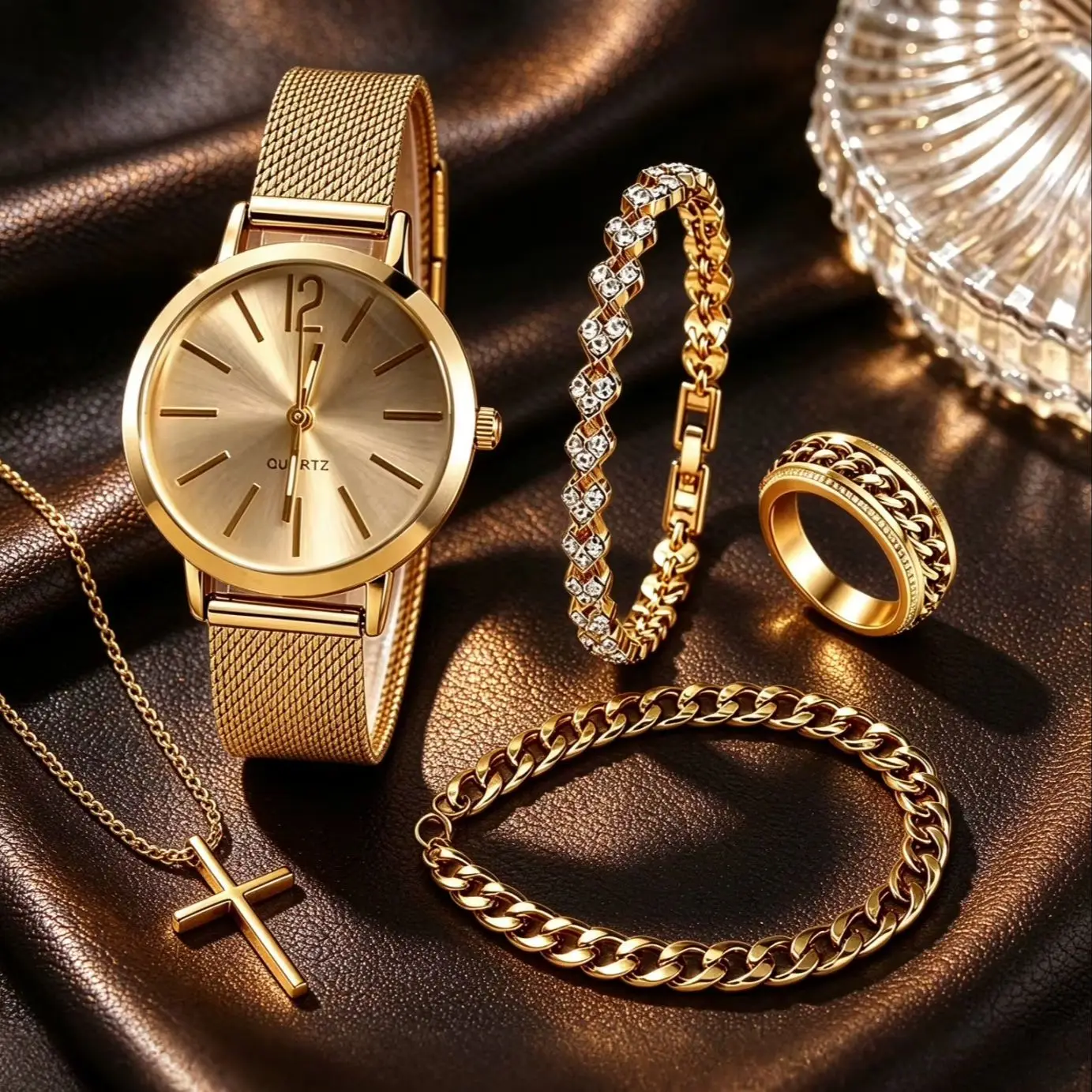 5-Piece Set of Light Luxury Minimalist Women's Compact Round Watches with Gold Jewelry Series Set, Suitable for Daily Wear, Couple Watches, the Best Gift for Her