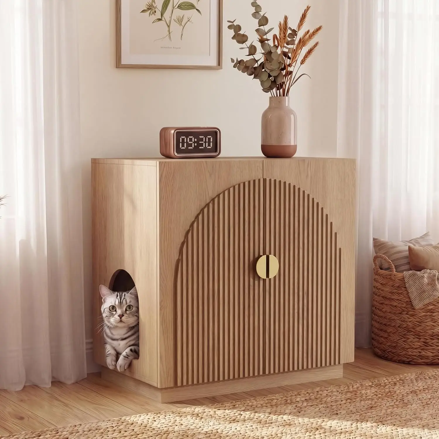Large Litter Box Enclosure, Fluted Hidden Cat Litter Box Cabinet with Storage, Symmetrical Curved Accent Sideboard Furniture (Natural)