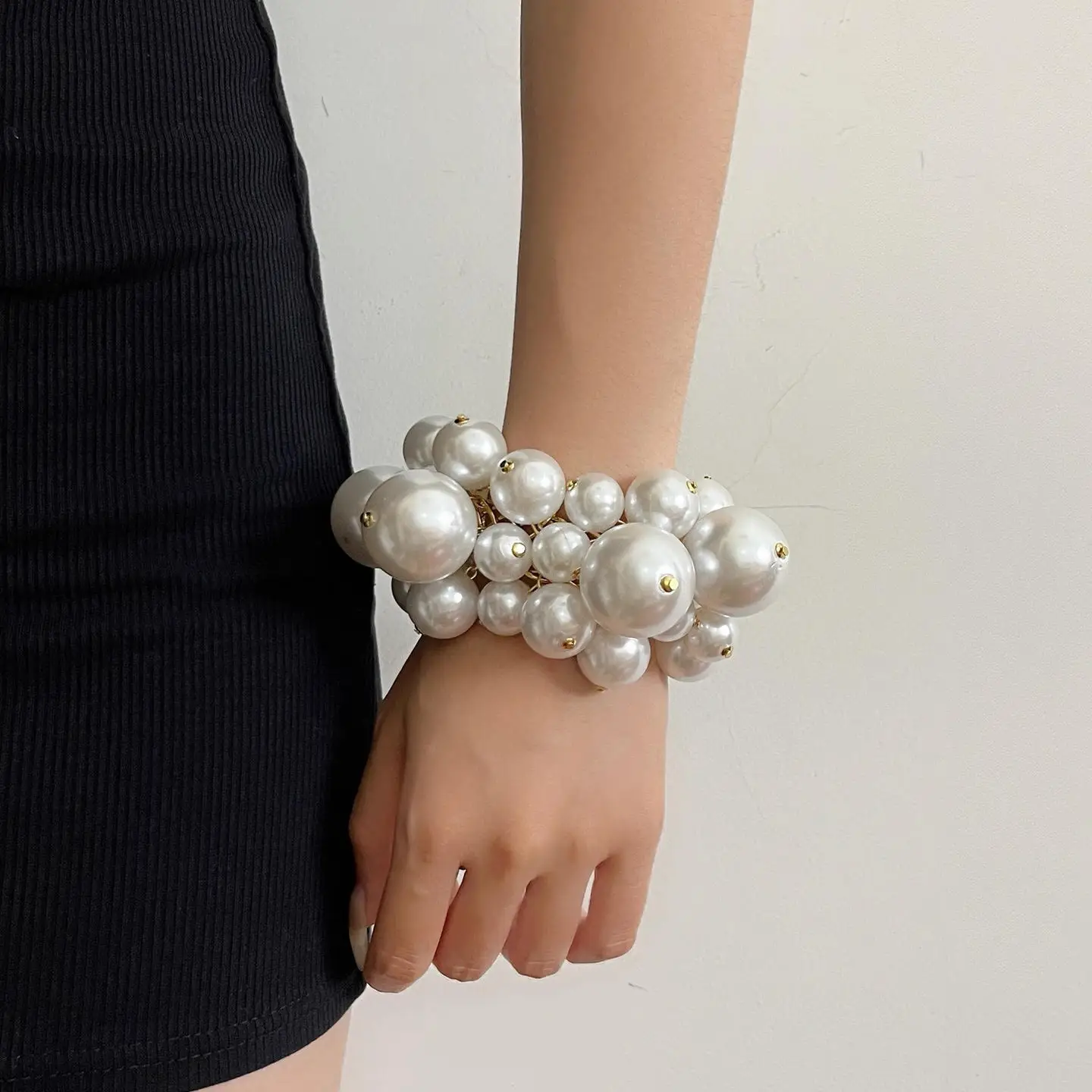 

Cluster Pearl Bracelet – Statement Chunky Bangle with Gold Chain Accents