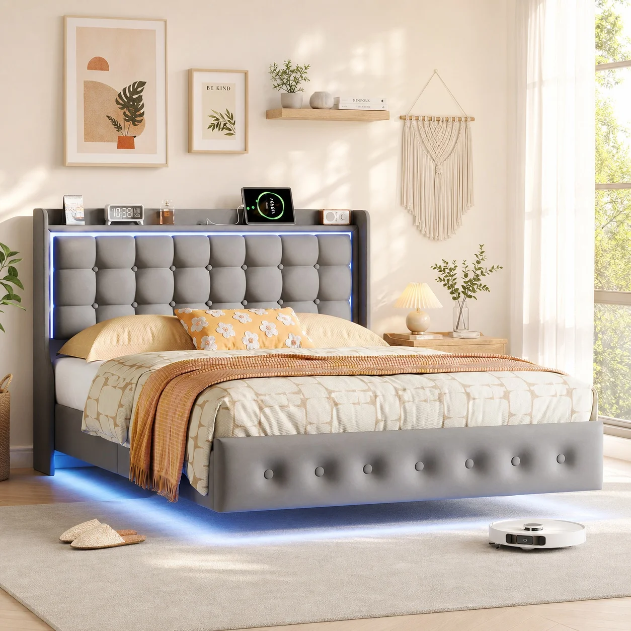 Cama Flotante 140x200 160x200 cm, Cabecero Capitonado de Terciopelo Gris con LED y USB, Marco Metálico, Base de Lamas, Decoración para Dormitorio de Adultos