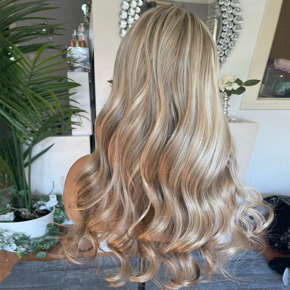 22” Blonde Light Ash Brown Roots Melting Wig Wavy Full Lace Wig 100% Virgin Human Hair Wig 200 Density HD 13x6 Lace Front Wig