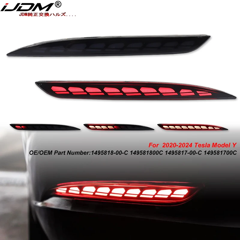 iJDM Car Taillight Style Red LED Bumper Reflector Lights For Tesla Model Y Function as Tail, Brake & Rear Fog Lamps Turn Signals