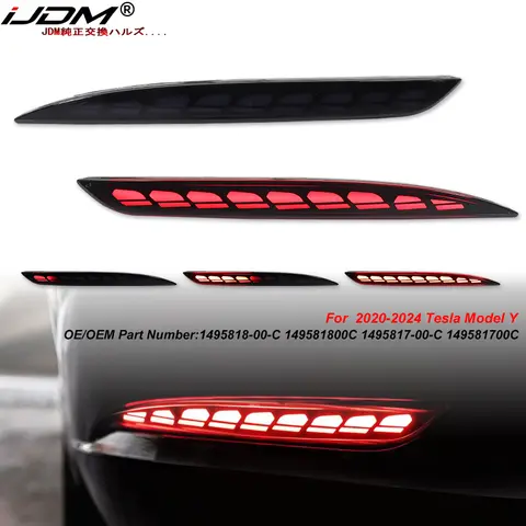 iJDM Car Taillight Style Red LED Bumper Reflector Lights For Tesla Model Y Function as Tail, Brake & Rear Fog Lamps Turn Signals