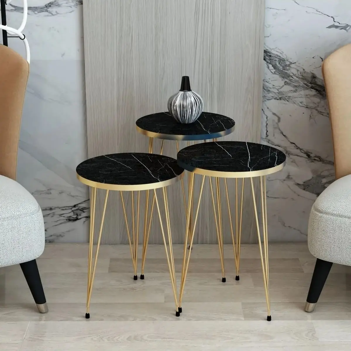 Modern Marble Nesting Tables Set of 3 Metal Gold Leg Service Tables 3Pcs Round Coffee Tables for Living Room Bedroom Furniture