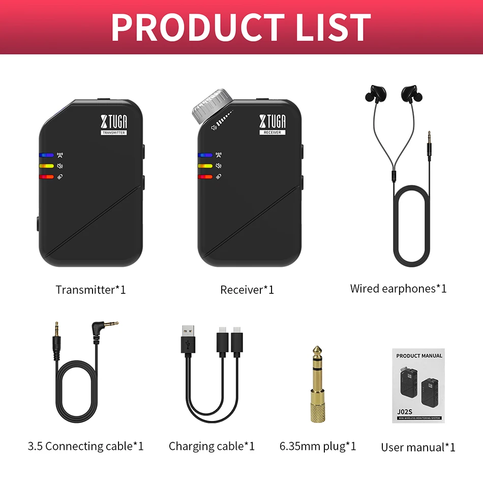 XTUGA J02 2.4G Long Distance Non Delay Stereo Professional Wireless In Ear Monitor System For Studio Band Rehearsal Performance
