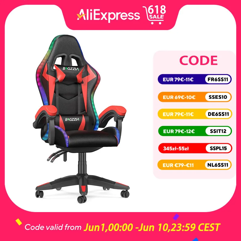 Silla de juego GartistGO con LED RGB, Silla de juego ergonómica para PC con reposacabezas, silla de juego con iluminación RGB, Silla para computadora
