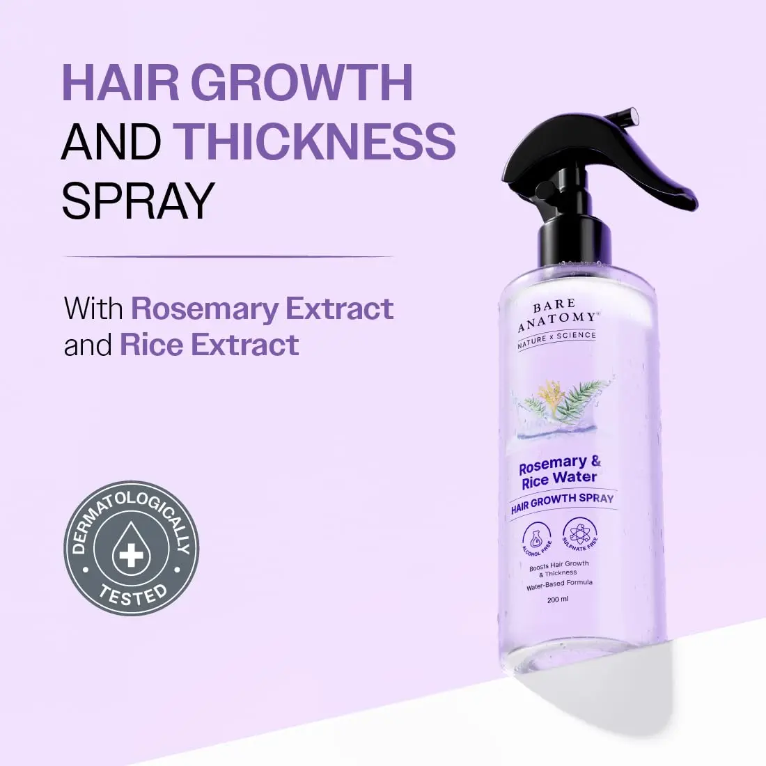 Bare Anatomy Rosemary & Rice Water Hair Growth Spray - Alcohol Free, Sulfate Free, Water-Based Formula to Boost Hair Growth & Thickness, Scalp Care Mist for Women & Men, 200ml