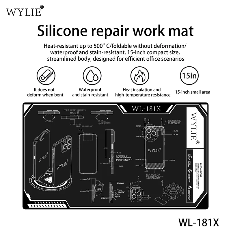 WL-181X Silicone Heat Resistant Repair Work Mat 15 Inch Waterproof Foldable Electronic Phone Maintenance Insulation Pad